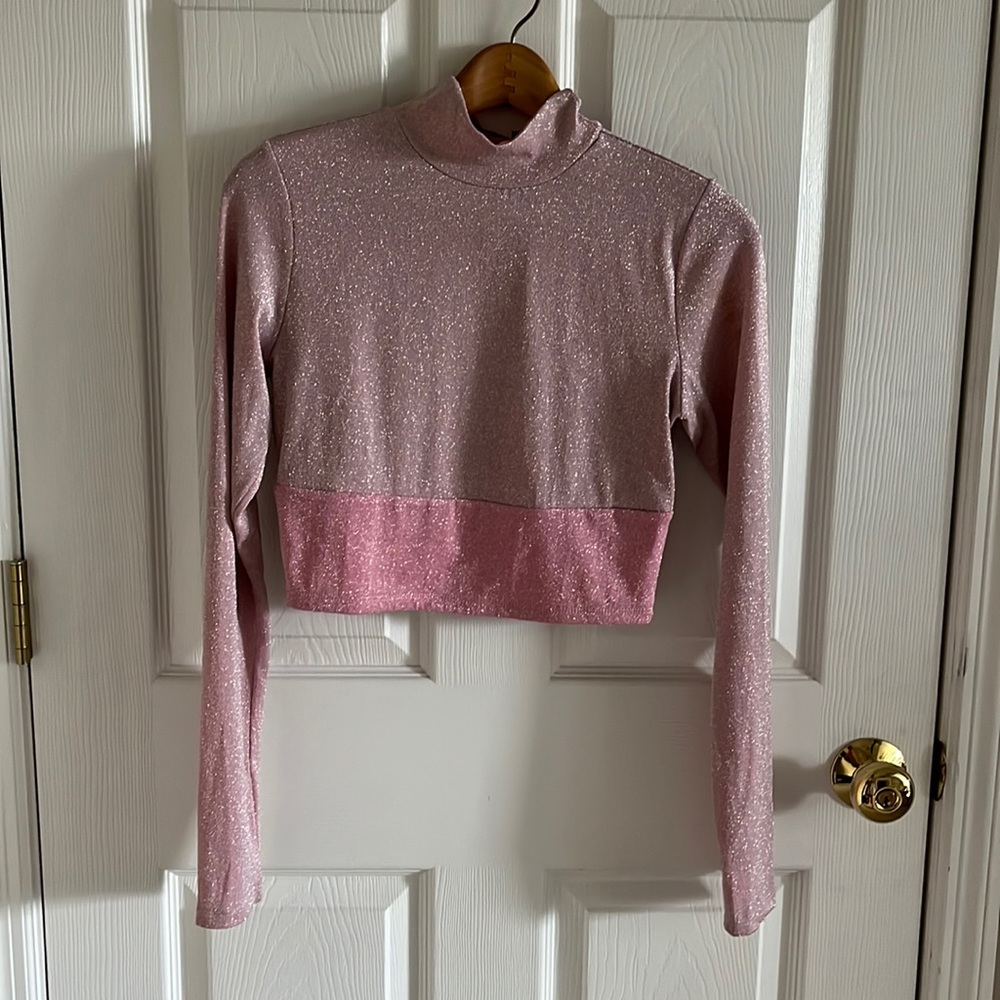 NWT Naked Wardrobe Two-Toned Pink Cropped Turtleneck Sparkly Sweater Size Large
